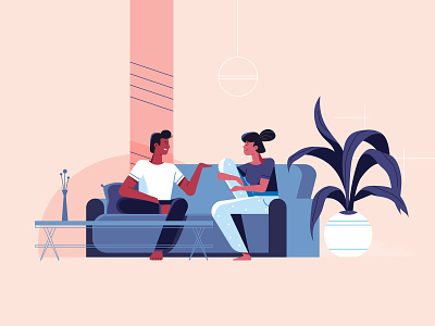Relaxed while you're here couch couple explainer video flat illustration man sofa styleframe woman