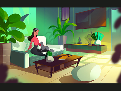 Feel like home 2d animation background cat character explainer video illustration interior plants room woman