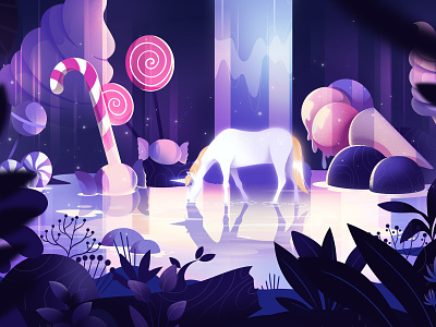 Unicorn 2danimation animation candies candy chocolate explainer video forest illustration lollipop magic sweets unicorn waterfall