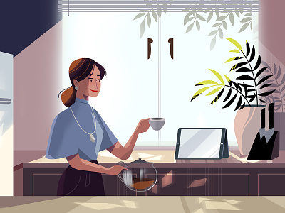 Tea time animation character explainer video illustration interior landscape tea vector woman