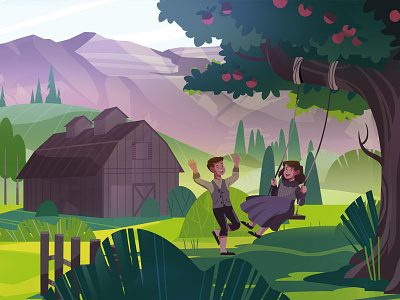 Let's play together animation children design explainer video happy illustration landscape meadow swing ui vector