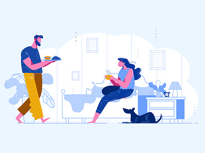 Breakfast in bed animation breakfast character clean coffee dog illustration man minimalistic ui ux woman