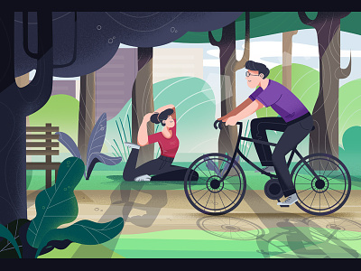 In the park animation bicycle character chillout explainer forest green illustration park ui video yoga