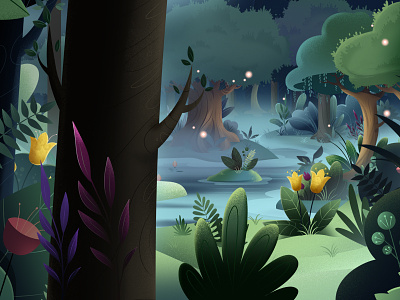 Mystic forest animation fireflies forest illustration jungle light mystic nature night trees