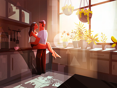 Sunlight characters couple illustration interior kiss kitchen light love man sun sunlight woman