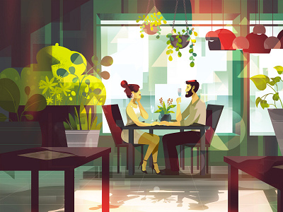 Sundays animation background character characters couple detailed explainer video geometric illustration love restaurant
