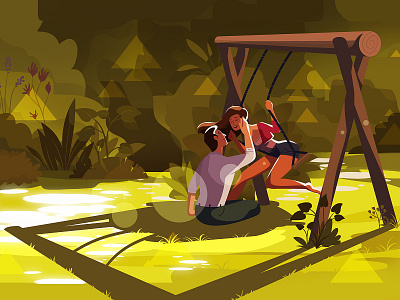 Swing animation character couple detailed explainer video geometric illustration light love man swing woman