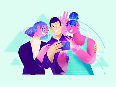 Let's take a photo animation characters explainer video flat design illustration man photo purple telephone woman