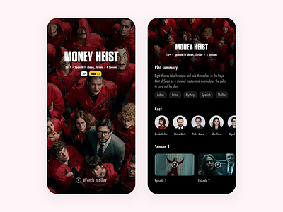 Money Heist - Web series app design clean ui dark dark mode design mobile app money heist netflix tv series tv shows ui uiux design visual design web series