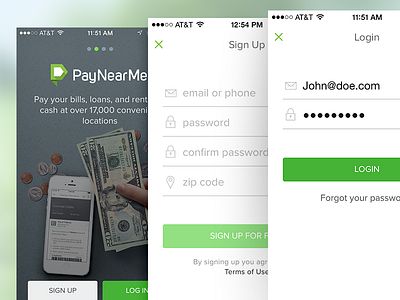 PayNearMe login/register screens app bill pay design intro iphone login mobile signup ui ux