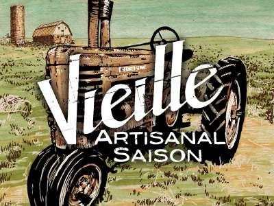 Vieille beer label farm illustration old tractor typography