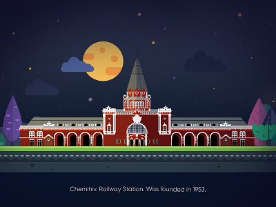 Railway station arhitecture. city night chernihiv digitalart flat illustrations