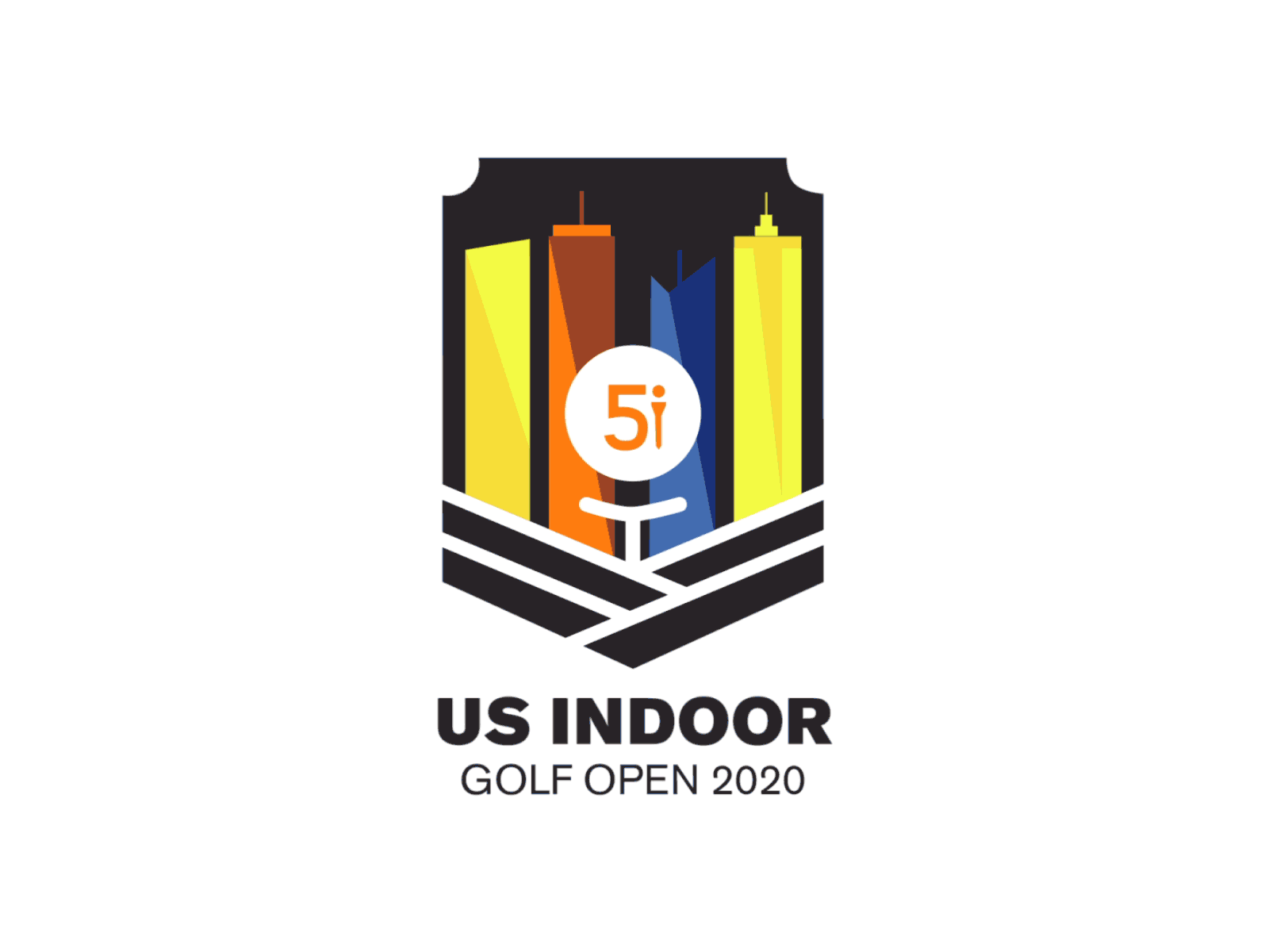 US Indoor Golf Open 2020 5i animation blue city design golf golf club illustration indoor logo motion graphics orange skyscraper usa vector yellow