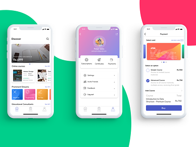 iOS App Screens account app cards colors design gradients home payment profile ui