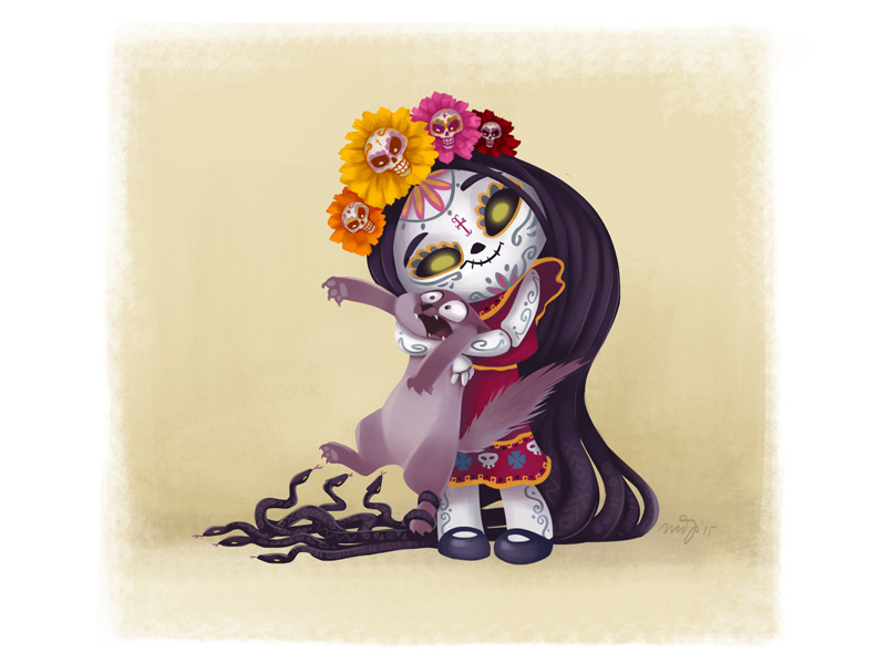Cute Little Kitty! cat girl child day of the dead dia de los muertos snakes flowers skull skeleton day dead kitty