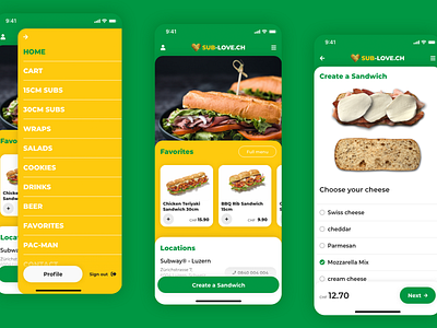 sub-love.ch app UI /01 - WIP app app design application design branding delivery app delivery service draft logo mobile app mobile app design restaurant restaurant app restaurant branding sandwich sandwiches subway ui ux web wip