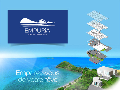 Empuria 3d appartment architecture building construction dream flats hills horizon illustration isometric lagoon landscape logo ocean paradise real estate residence sun view