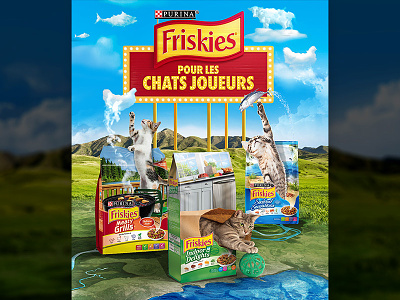 Friskies cats coming out animal animals ball barbecue cat clouds creative croquettes fish food friskies kitty landscape mountains packaging photoshop retouch rivers shapes sky