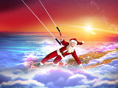 Kitesurfing Santa Claus above christmas claus clouds dawn drawing fun happy illustration kite kitesurf klaus merry santa sky sunrise sunset surf wind xmas