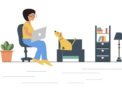 Doggo to her - " What you working on ? " books colours digital illustration dog freelance home illustration room woman work