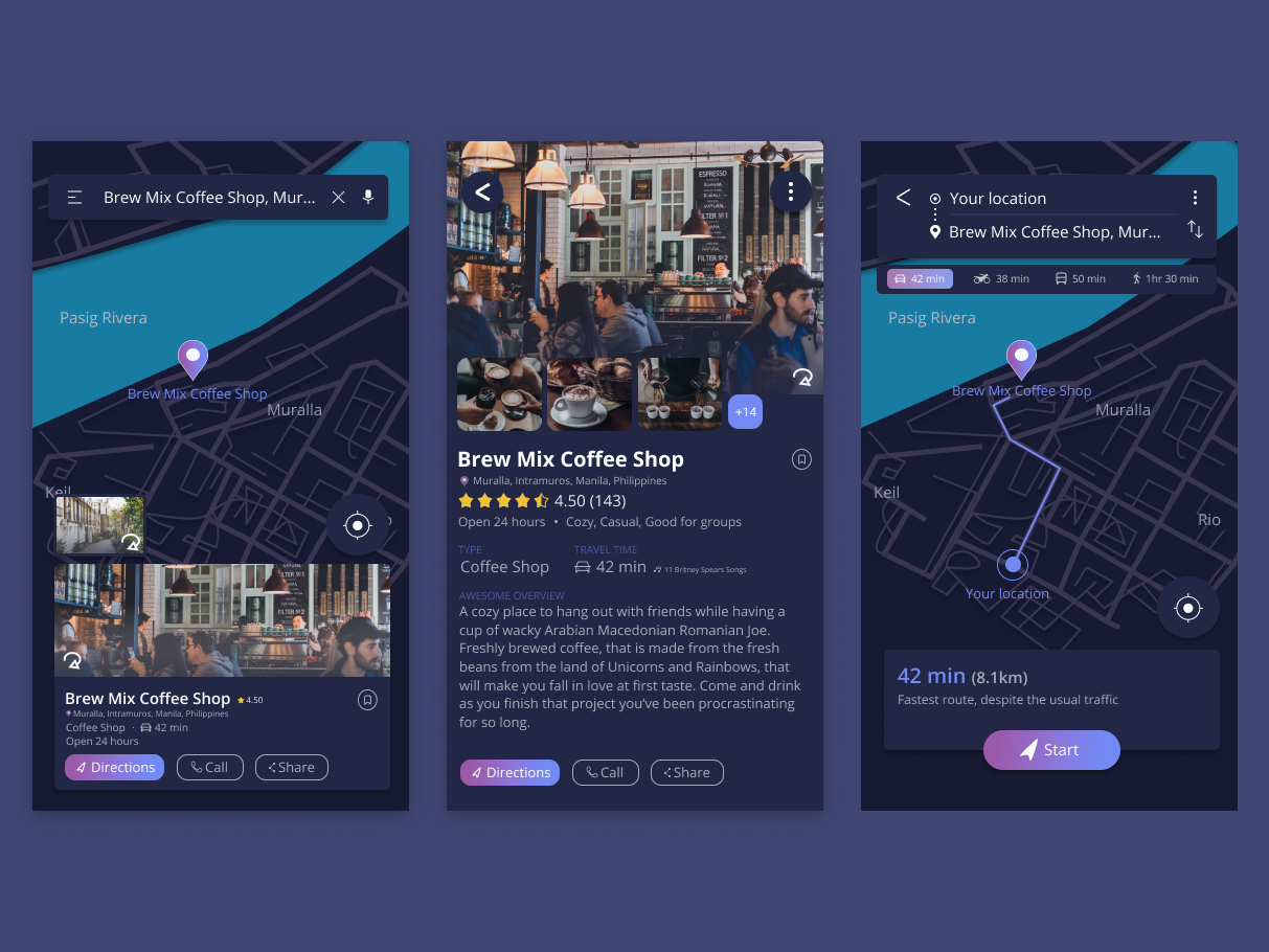 Travel/Map Mobile App (Night Mode) by Joeylene on Dribbble