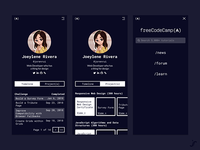 freeCodeCamp Mobile App (Dark Mode) app app design dark theme design figma mobile app profile ui