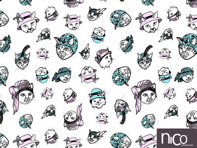 Flapper Cats Love to Wear Hats cat drawing cat illustration cats cats in hats design handdrawn illustration ink inkpen pattern surfacedesign surfacepatterndesign whimsical