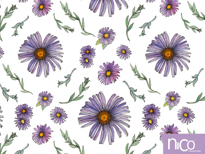 Sweet & Wild Soft Purple and Gold Aster Flowers floral flowers handdrawn illustration ink leaves pattern surface design surface pattern design watercolor wildflowers