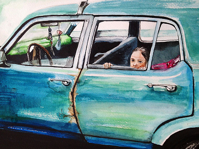 Loneliness car draw drawing girl painting watercolor