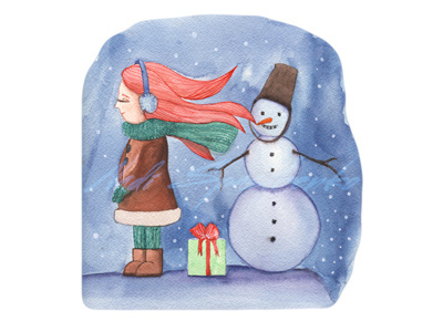 Girl And Snowman celebration child girl hair illustration invitation love postcard snow watercolor white winter