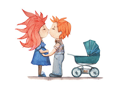 Boy and girl kissing baby boy celebration child family feelings girl illustration invitation love postcard watercolor