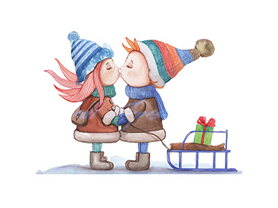 Girl and boy kiss winter outdoors