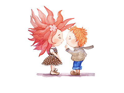 Girl and boy in anticipation of a kiss boy child draw family girl illustration invitation love painting people postcard watercolor