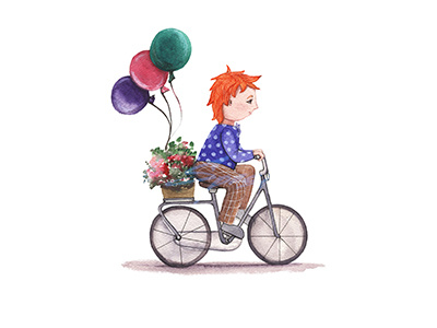A Boy Rides A Bicycle Carries Flowers Gifts Balloons Watercolor attitudes bike boy child cycle draw illustration invitation love painting postcard watercolor