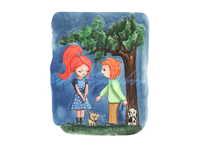 Girl And Boy In The Evening In The Park Under A Tree Walk Their boy cat child drawing family girl illustration love painting postcard tree watercolor