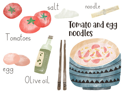 Tomato and egg noodles design illustration