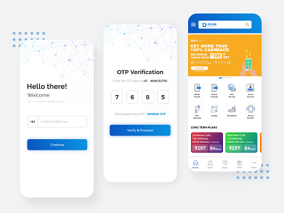 Mobile Application for recharge | Desire Galaxy home screen login screen otp recharge app telecommunication ui ux design ui design uiux