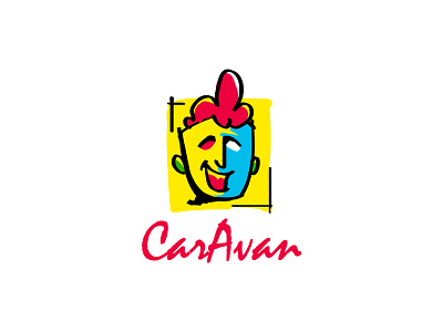 Caravan theater badge branding caravan clown face head icon illustration logo mask symbol theater