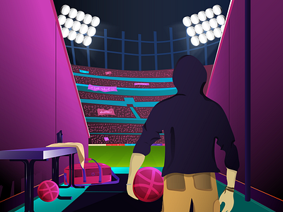 A new player in town 1st shot ball debut dribbble first shot football illustration invitation player stadium welcome