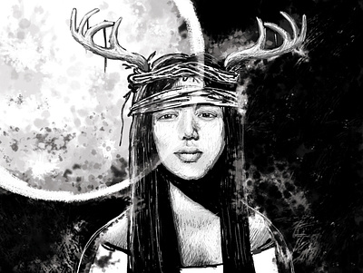 Hunter's Moon antlers black and white full moon halloween illustration october sketch true detective