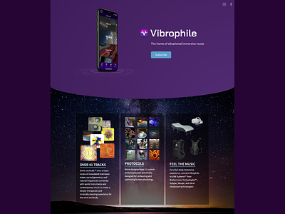 Vibrophile Landing Page app bioharmonic immersive music landing page stripe vibration vibrational music vibrophile web web design webflow