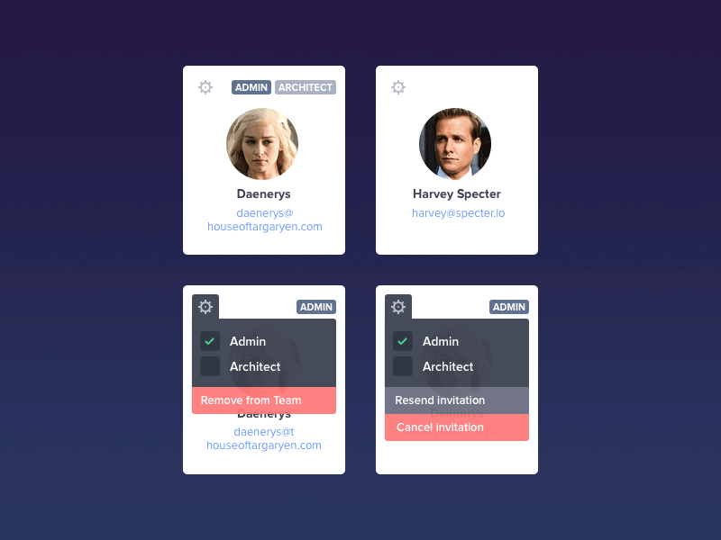 Team Cards animation cards dropdown icons member roles ui user ux