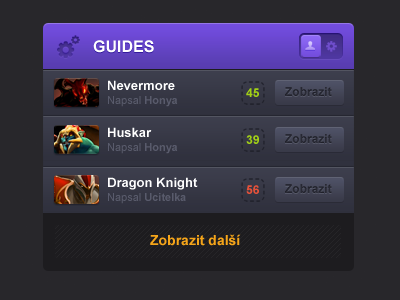 Dota 2 Guides button dota guide heroes icon list purple switch ui web