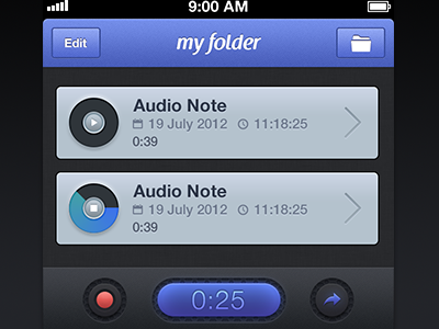 Audio Notes app audio button design folder icon ios iphone note play record stop