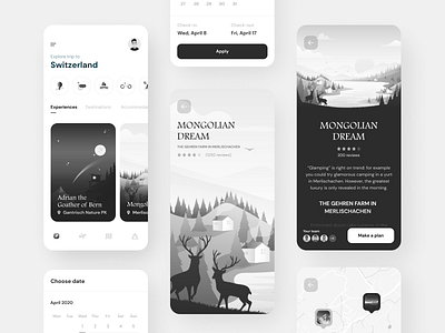 Trip planning app 2d 3d app black color design grayscale greyscale illustration interaction interface mobile planer planning travel trip ui ux white