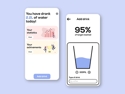 Moist App - water tracker adobe xd android app cards clean colors glass health healthcare interface ios material design 2 minimal mobile pantone ui undraw ux water white