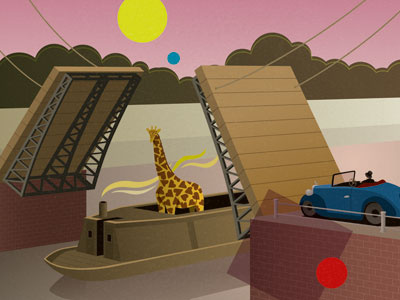 Tall Cargo barge bridge car giraffe graphic koichi fujii river