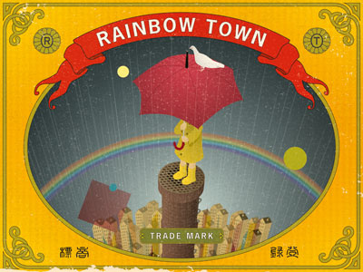 Rainbow town antique bird design girl graphic koichi fujii label rain rainbow umbrella