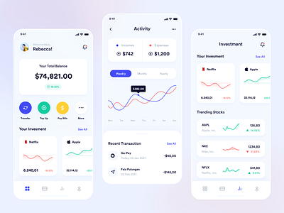 Bangbank - Mobile App app bank chart clean finance glassmorphism graph homepage invest market minimalism mobile modern money payment stock transaction ui ux wallet