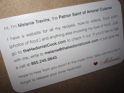 Business Card for The Hedonist Cook business card copywritting print type